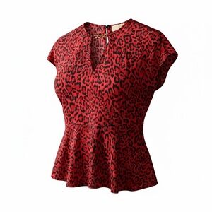 188–MICHAEL Michael Kors Red and Black Leopard-Print Peplum Blouse